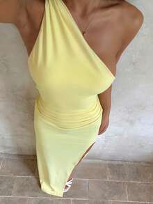 1pc Solid Color Elegant Party Knit Asymmetric/Asymmetrical High Slit Ruffled Hem Dress, Suitable For Wedding, All Seasons