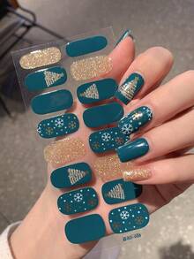 قطعتان من ملصقات أظافر شجرة عيد الميلاد المزينة بالبريق الذهبي، أغلفة كاملة للأظافر 16 طرف، شرائط طلاء الأظافر بنقوش رقائق الثلج ورجل الزنجبيل وخطوط قصب السكر، شرائط أظافر DIY للنساء والفتيات مع ظهر لاصق سهل الاستخدام