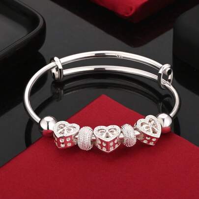 925 Sterling Silver Plated Heart Beads Bangles For Women Bracelets Fashion Party Wedding Engagement Popular Brands Jewelry