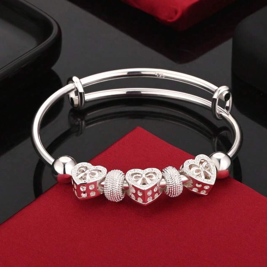 Vòng tay hạt trái tim mạ bạc Sterling 925 cho nữ Vòng tay thời trang dự tiệc cưới đính hôn Thương hiệu trang sức phổ biến - Bạc - Xem 1