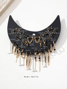 17pcs/Set Vintage Style Minimalist Multiple Rhinestone Stud Earrings & Dangle Earrings, Unique Design - Gold and Black - View 3