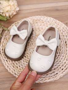 New Girls Embroidered Heart & Bow Round Toe Casual Princess Style Flat Shoes, Suitable For Spring & Autumn