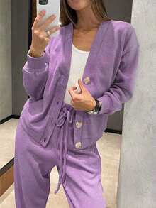 Set de 2 piezas de chaqueta de punto casual y pantalones con cordón para mujer - Morado - Ver 5