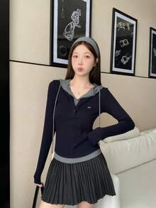 女士二合一连帽长袖T恤，高领，刺绣装饰，修身版型，2025秋季款 - 寶藍色 - 查看 3