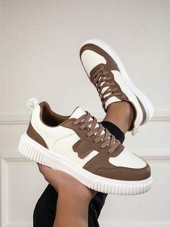 New Autumn/Winter Fashionable Men's Casual Sports Shoes, Lightweight & Soft White & Brown Color Block Low-Top Lace-Up Skate Shoes, Couple Matching Sneakers, Suitable For Daily Commute And Walking