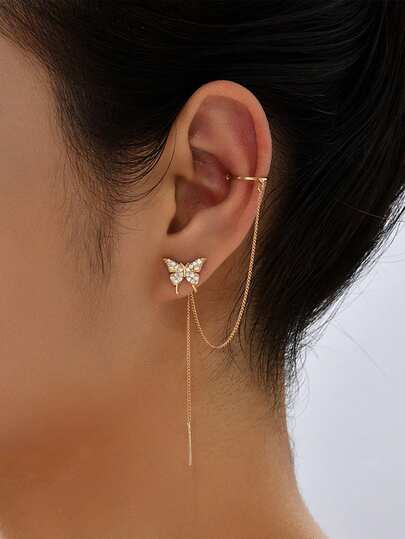 2 件锆石蝴蝶流苏夹式耳环