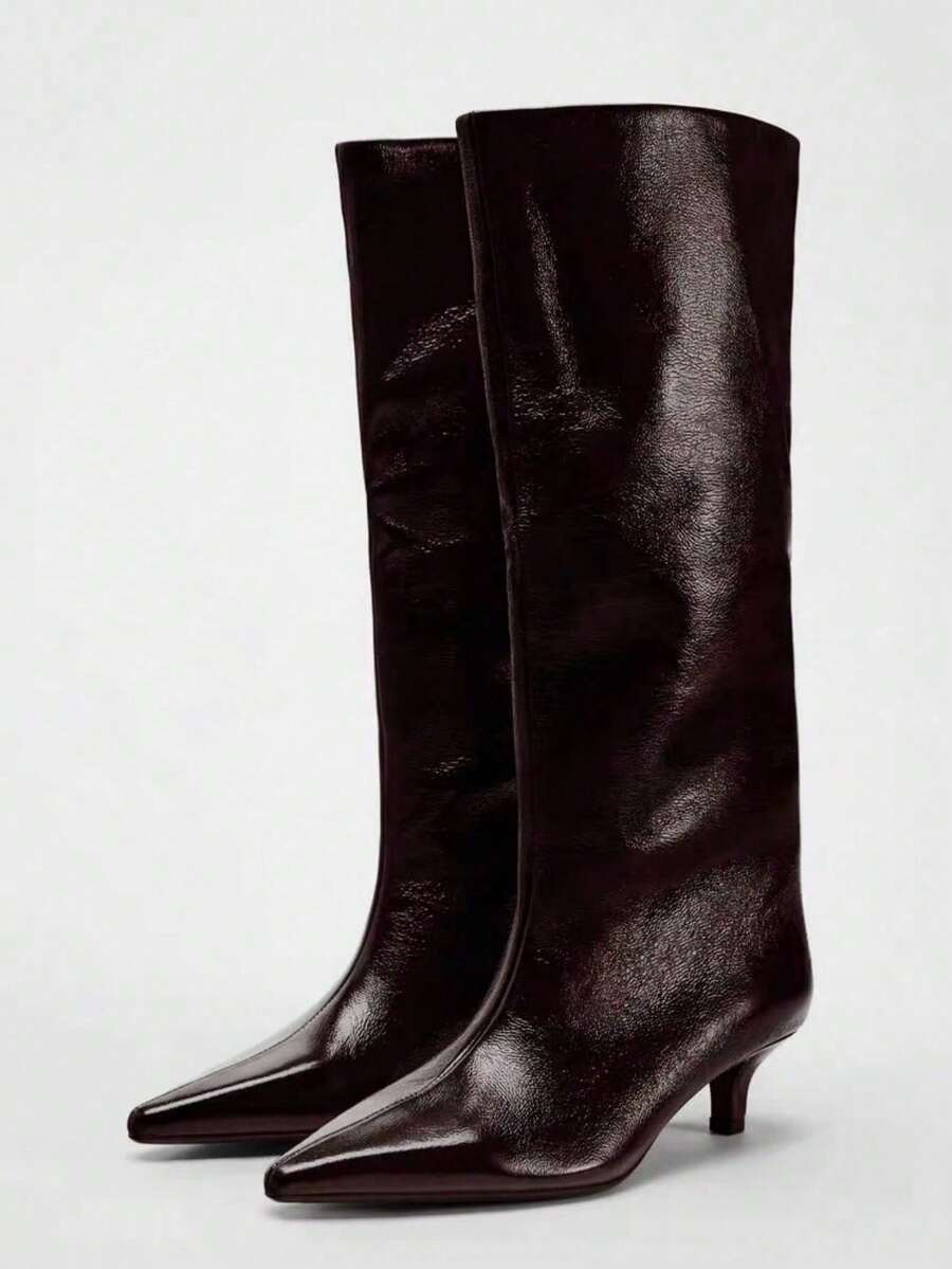 Fall/Winter 2025 Summer New Pointed Toe High Heel Thigh High Boots, Button Patchwork Reversible Design For Women,Kitten Heels - Burgundy - View 1