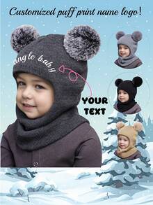 1pc Autumn/Winter Knitted Beanie Hat, Kids Dual Pom-Pom Earflap Hooded Jumpsuit, Solid Color Cute Knitted Blend Unisex Baby Hat, Customizable Text Logo - A - View 3