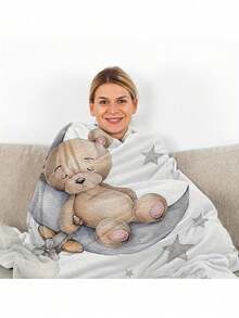 1pc Soft Flannel Personalized Teddy Bear & Moon Pattern Blanket, Customizable Name, Suitable For Bedroom, Living Room - Modern Style, Soft & Warm Flannel, Multipurpose, Can Be Used On Sofa, Bed, Travel, Camping, Office - Easy Care, Great For Napping, Camping And Travel, Washable, Cute Customized, Unique, Personalized, Ideal Gift For Family, Friends, Son, Daughter, Loved Ones, Suitable For Sofa, Bed, Car, Tea Room, Bedroom, Living Room - Bear - View 4