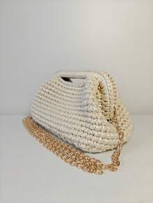 Handmade Woven Clutch Clip Closure Shoulder Bag Women's Fashionable Cute Makeup Bag Portable Hand Held Purse Versatile Iridescent Yarn Crochet Evening Bag - Multicolor - View 2