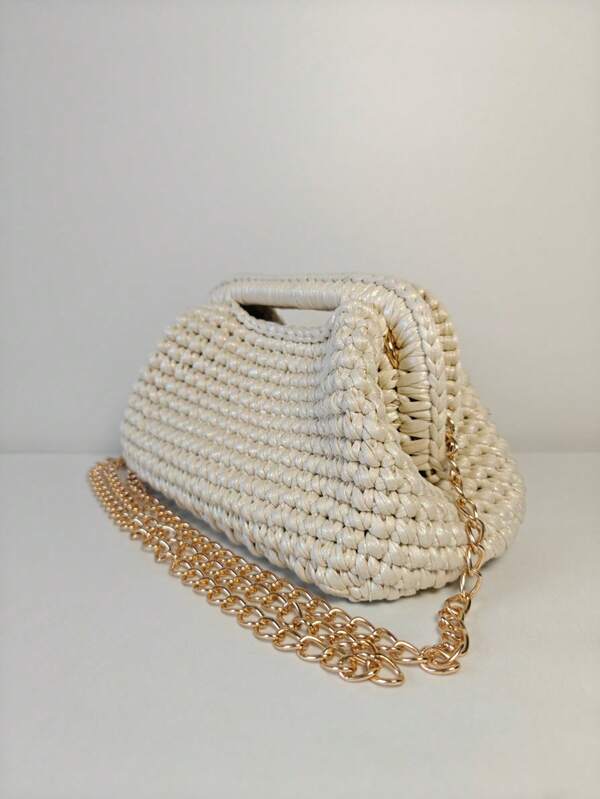 Handmade Woven Clutch Clip Closure Shoulder Bag Women's Fashionable Cute Makeup Bag Portable Hand Held Purse Versatile Iridescent Yarn Crochet Evening Bag