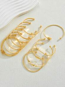 12pcs Vintage Exaggerated Luxurious Geometric Striped Twist Open Design Women's Wide Metal Gold Bangle Bracelet Set, Suitable For Daily Wear, Gift, Stackable - Golden 21 - View 5