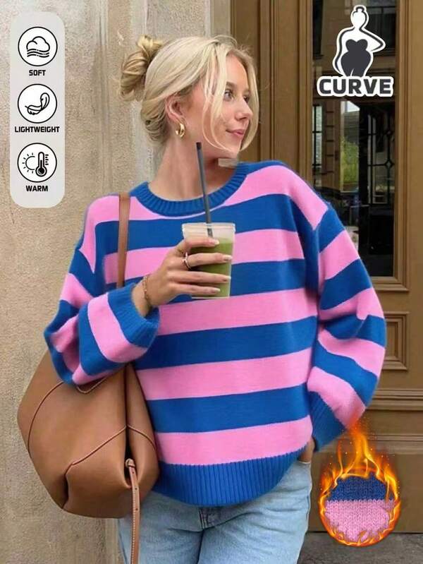 Femmes grande taille Couleur unie col rond manches longues pull tricoté, automne/hiver, isolation chic, rentrée scolaire, convient pour la tenue quotidienne, les déplacements et les achats, style élégant et chic, invité de mariage, costume d'Halloween, fête de Noël