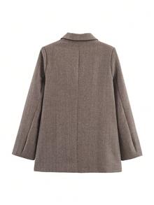 新款秋冬女装外套人字呢毛呢加厚金属绒纽扣装饰腰翻领休闲西装外套通勤优雅日常办公室夹克套装 - 咖啡棕 - 查看 11