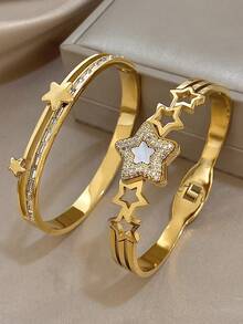 18K Gold Plated Stainless Steel Luxury Elegant Star Charm Bangle Bracelet Set With Mother Of Pearl, Mom Gift Christmas Thanksgiving Halloween Wedding Rave/Prom/Party/Daily Accessories Gift For Anniversary Valentine's Day Boho Jewelry Birthday Bridesmaid Gifts