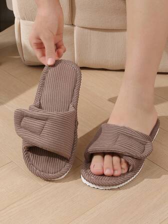 女士灯芯绒可调节带拖鞋，舒适蓬松家居拖鞋，纯色和条纹，休闲沙滩拖鞋，适合居家、度假和四季的酷拖鞋