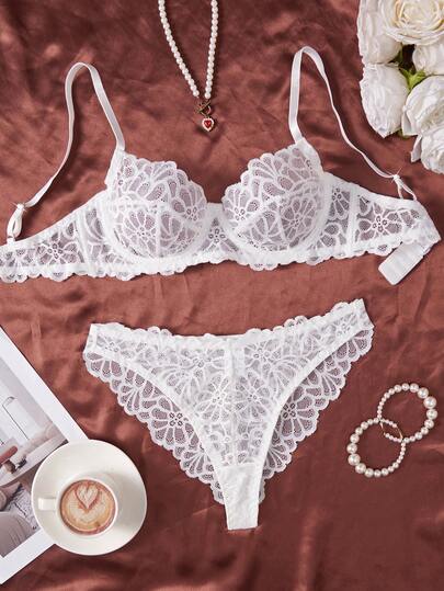 2pcs/Set Women's Sexy Lingerie, White Lace Floral Bra Set With Adjustable Straps, Bridal Underwear Set, Seductive Valentine's Day Gift