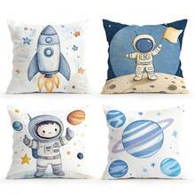 4-teiliges Set Kopfkissenbezug mit Cartoon Weltraum Motiv, einseitig Muster