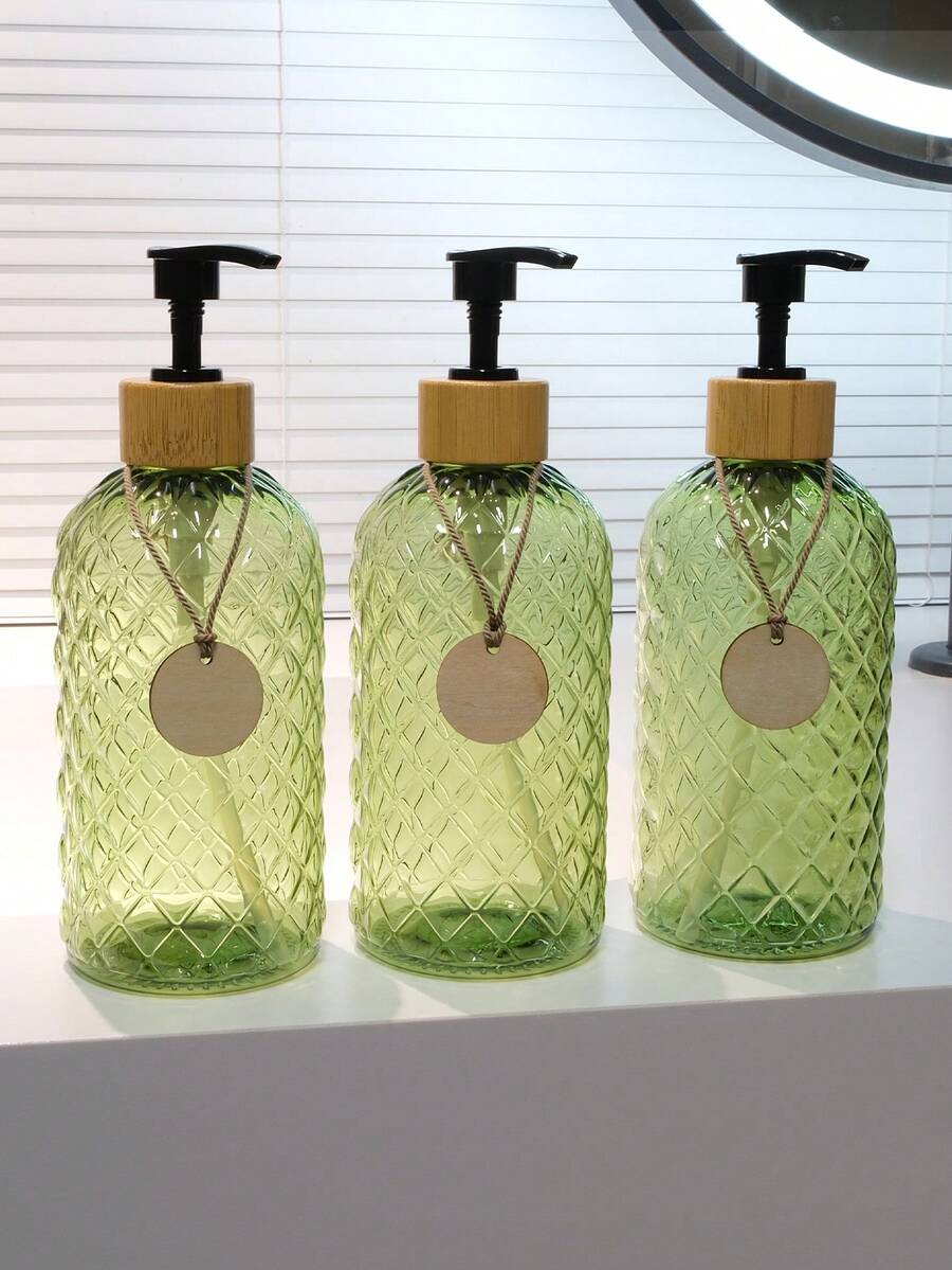 GAONLY Distributeur de shampoing et de revitalisant, bouteilles de shampoing rechargeables avec pompes en plastique et étiquettes imperméables DIY, ensemble de distributeurs de gel douche vides pour la salle de bain, bouteilles de savon de douche (vert, lot de 3, 500 ml)