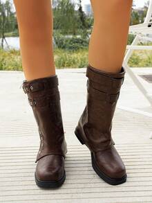 Women's Mid-Calf Boots, Square Toe Chunky Heel Riding Boots, Minimalist Belt Buckle Zipper Decor Fashion Boots