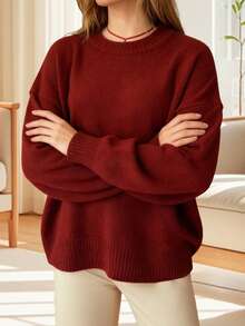 Women's Long Sleeve Sweaters Solid Color Crew Neck Loose Fit Pullover Knit Tops For Fall Winter - Burgundy - View 4