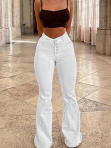 女士中腰喇叭牛仔裤 - 弹力牛仔裤，经典复古水洗 - 白色 - 查看 2