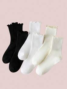 6 Pairs Women's Solid Color Casual Polyester Ruffle Trim Mid-Calf Socks, Suitable For All Seasons