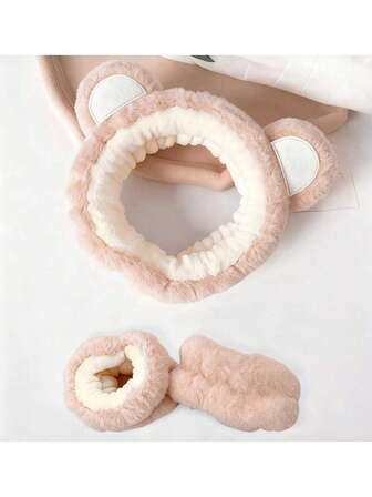 1 个可爱熊毛绒洗脸头带 - 适合女孩的柔软涤纶卡通头带，白色带棕色点缀，非常适合日常化妆和护肤，配有可爱的熊耳朵头带，毛绒吸水，适用于洗脸、水疗护肤和化妆配件 | 俏皮风格 | 佩戴舒适。