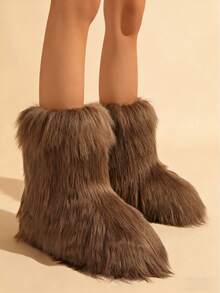 2025 秋冬新款人造毛皮蓬松雪地靴，温暖的 Y2K 女式毛茸茸靴子