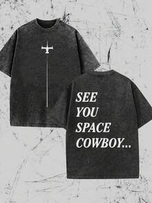 SEE YOU SPACE COWBOY.../Space Cowboy, Swordfish II Pattern T-Shirt, Science Fiction Printed T-Shirt, Western Cowboy Spirit, Retro Vintage Style T-Shirt..…. Retro Loose T-Shirt, Men's Casual Style T-Shirt, Machine Washable And Washable Old T-Shirt; Cool Design Pattern T-Shirt, Durable And Comfortable Fabric, Street Fashion Sense, A Must-Have For Street Style Enthusiasts, Top-Level Sportswear, Suitable For Daily Commuting, Dating, Leisure Matching, Suitable For Holiday Gift Giving, The First Choice For Gift Giving. - 黑色 - 查看 1