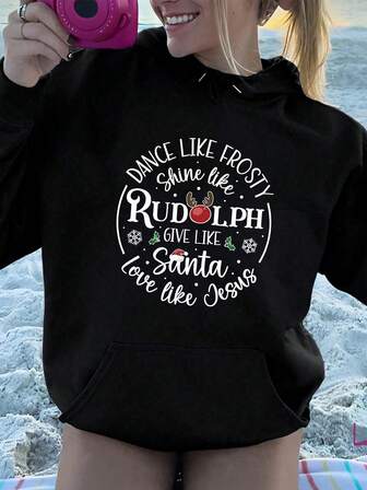 Plus Size Women's Christmas - Themed Text Pattern Fall Fashion Hoodie Loose Casual Fall & Winter,Office Outfits For Women,Christmas Outfit