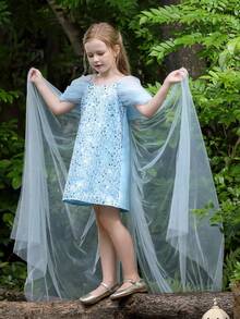 Tween Girl Off-Shoulder Trailing Mesh Sequin Party Dress, Princess Dress Suitable For Birthday Gift, Banquet, Wedding, Bridesmaid, Prom, Party, Holiday Celebration - Baby Blue - View 3