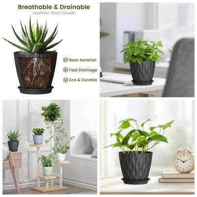 10cm Plant Pots, 6 Pack Plastic Flower Pots With Drainage Holes And Saucers, Indoor Outdoor Planters Succulent And All House PlantsWhite