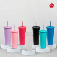 Vasos de Plastico Reusable kit de 5 Vaso con Popote y Tapa con Plstico Rgido Vaso de 1 litro Vaso tipo Termo Reusable/Plastic Cup 5, ROSA PASTEL - BL + 5 - Ver 8