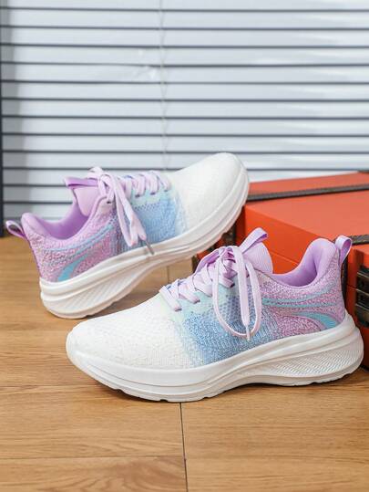 Women's Thick Sole Elevated Casual Sneakers With White & Purple Contrast Mesh, Colorful Contrast Youth Design Soft Sole Shock Absorbing Versatile Running Shoes, Low-Top Lace-Up Comfortable For Work, Fitness, Sports, Dating, Travel, Holiday Gifts