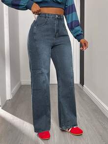 Seasonal Payment In Spring And Summer | Women's Casual Denim Straight Leg Jeans With Pocket Detail Long Non-Stretch Button Front Design - Màu xanh và đen - Xem 5