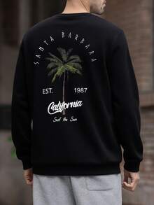 男士圆领长袖棕榈树字母印花加州风时尚宽松舒适卫衣，秋季款