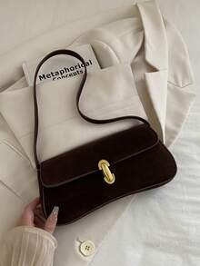 Túi đeo vai, túi xách tay, túi baguette khóa gập dành cho nữ, làm từ da hươu lộn. - Cà phê - Xem 3