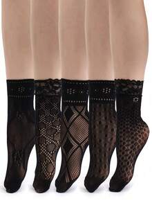 5双复古夏季蕾丝女士袜子花卉网眼弹力透明短袜洛丽塔女装渔网黑色袜子