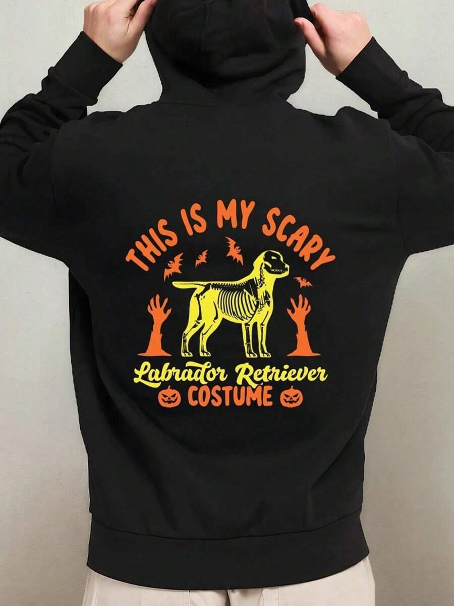 1pc Men'S Funny Scary Labrador Retriever Graphic Hooded Sweatshirt - Oversized Black Pullover Hoodie With Labrador Retriever Design, Long Sleeve Casual Streetwear For Fall & Winter, Comfortable Do,Fall Hoodies,Men's Fall Clothes,Street Wear,Halloween,Mens Hoodies,Y2k Clothes,Jesus Hoodie,Thanksgiving Day,Nightmare Before Christmas,Christmas - 黑色 - 查看 1