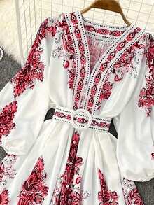 Gaun Musim Gugur Wanita, Gaun Elegan dengan Lengan Lentera Bermotif dan Kancing Setengah Terbuka di Bagian Depan - Merah - View 2