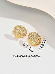 1 Pair Shiny Gold Shell Stud Earrings Inlaid With Sparkling Rhinestones, Vibrant And Elegant To Add A Romantic Touch To Your Look