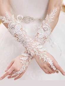 White Bridal Finger Ring Gloves, Suitable For Wedding, Party, Evening Dress Accessories (Rhinestone Decoration Random), Autumn Accessories, Polyester Fiber Material, Suitable For Wedding, Proposal, Photography And Other Occasions. - Multicolor - View 5