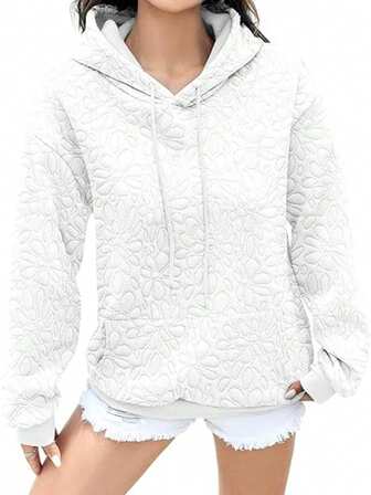 女式加大码纯色休闲宽松抽绳连帽运动衫