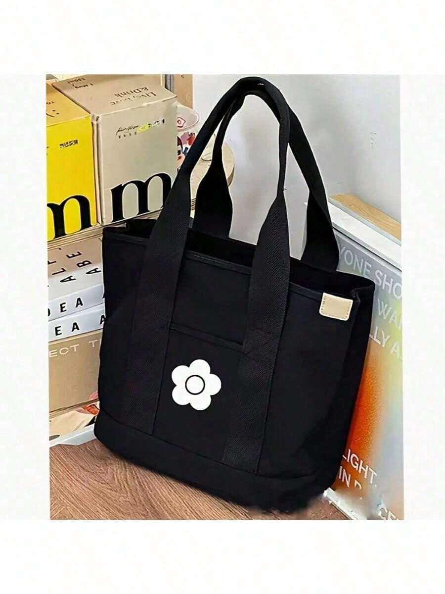 Women's Large-Capacity Handbags, Flower Garden Designs, Unique Features, Matching Work, Travel, Shopping, Elegant And Simple Black Everyday Bags, Modern Canvas Materials, Partitions, Matching Commuting, Official Office Japanese Weekend Travel