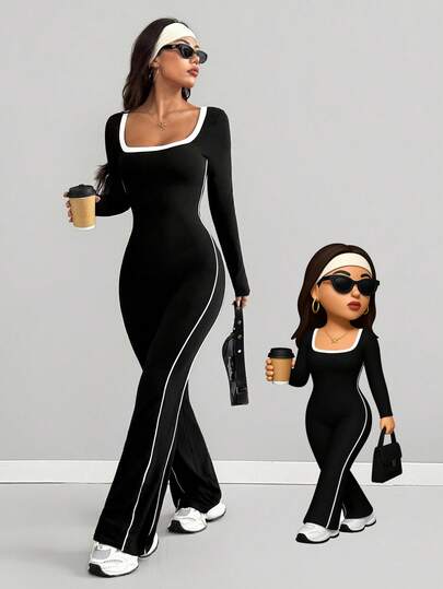 Mono de mujer AITYI Studio, diseño de moda, contraste de color calado al aire libre, moldeado de fitness cómodo, estilo Y2K, adecuado para el Día de la Independencia, Acción de Gracias, vuelta al colegio, Navidad, Año Nuevo, mono de punto cómodo diario de otoño 2025