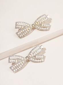 2个金属鳄鱼夹发夹，带蝴蝶结、水钻装饰、仿珍珠，甜美/酷炫/ins风，适合夹住侧刘海，优雅别致，Y2K情人节爪夹发卡，学生用品，大学校园用品，珍珠发饰，蝴蝶结，可爱，派对造型