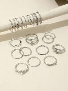 22 件时尚简约水钻心形、波浪形、星形、不对称戒指和金色几何指节戒指套装 [闭合戒指，请勿强行打开] - 銀色 - 查看 2