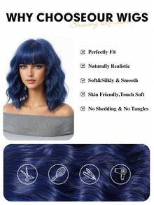 Ombre Blue Short Wavy Wig With Bangs For Lolita Role Play, Platinum Blonde Bob Style, Heat Resistant Synthetic Wig, Suitable For Women's Daily And Party Wear - 藍色 - 查看 7
