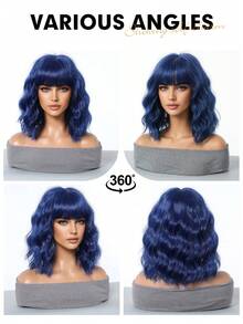 Ombre Blue Short Wavy Wig With Bangs For Lolita Role Play, Platinum Blonde Bob Style, Heat Resistant Synthetic Wig, Suitable For Women's Daily And Party Wear - 藍色 - 查看 9